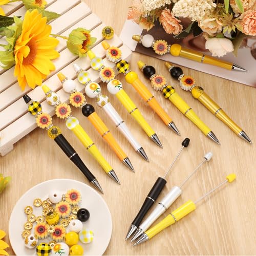 Geyee 12 Set Plastic Beadable Pens Assorted Bead Pens Crystal Wood Round Spacer Set Black Ink DIY Ballpoint for Women Men Gift Office Supplies(Sunflower) - Image 2