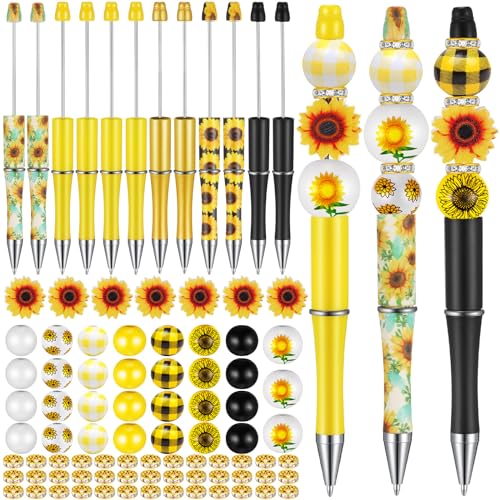 Geyee 12 Set Plastic Beadable Pens Assorted Bead Pens Crystal Wood Round Spacer Set Black Ink DIY Ballpoint for Women Men Gift Office Supplies(Sunflower) - Image 1