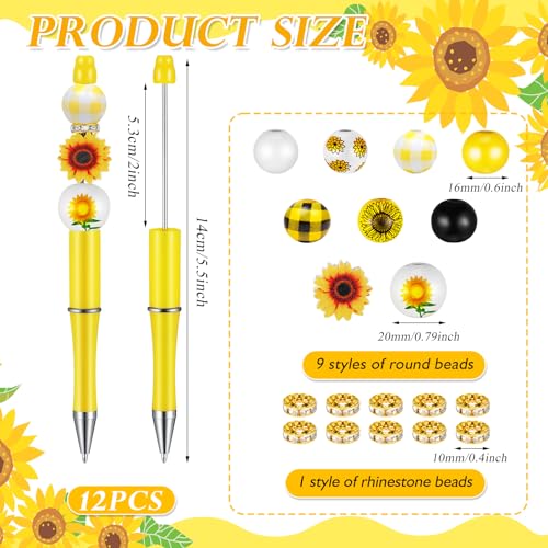 Geyee 12 Set Plastic Beadable Pens Assorted Bead Pens Crystal Wood Round Spacer Set Black Ink DIY Ballpoint for Women Men Gift Office Supplies(Sunflower) - Image 3
