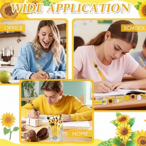 Geyee 12 Set Plastic Beadable Pens Assorted Bead Pens Crystal Wood Round Spacer Set Black Ink DIY Ballpoint for Women Men Gift Office Supplies(Sunflower) - Image 5
