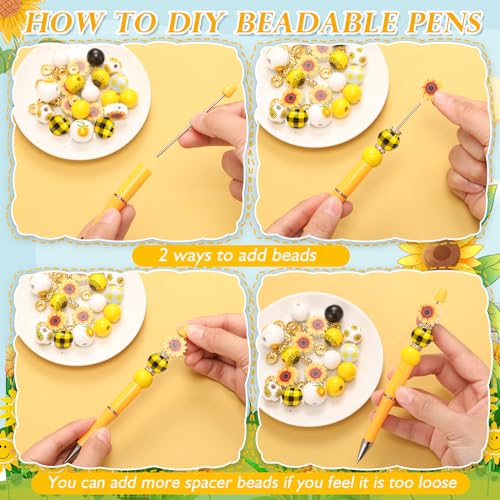 Geyee 12 Set Plastic Beadable Pens Assorted Bead Pens Crystal Wood Round Spacer Set Black Ink DIY Ballpoint for Women Men Gift Office Supplies(Sunflower) - Image 4