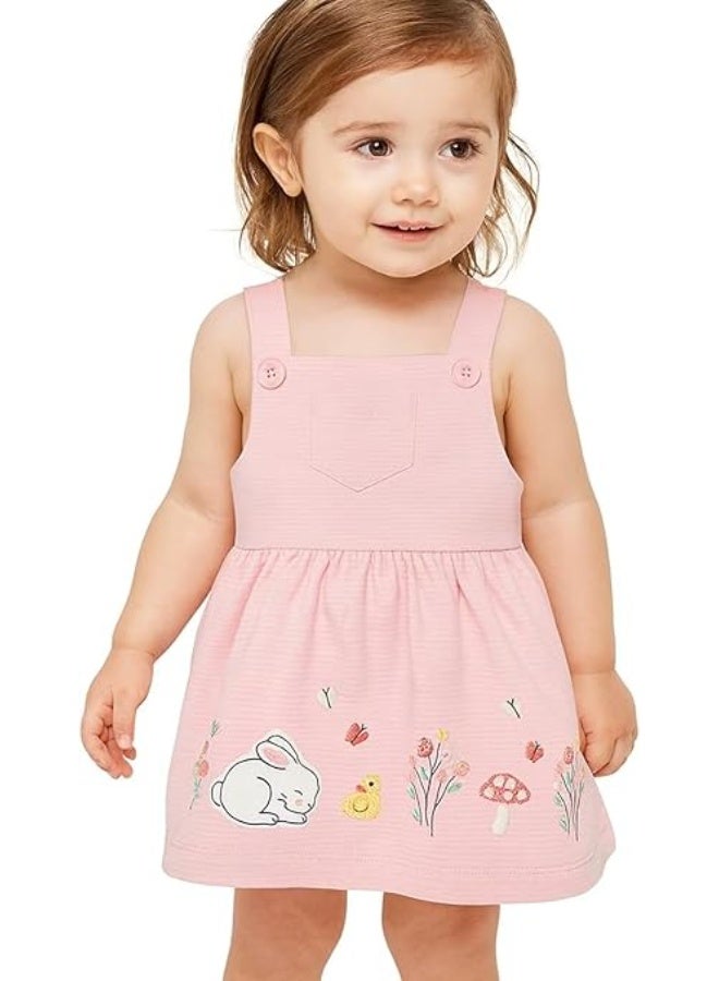 Smarties AE Toddler Girl Pink Overall Dress | Fits 18-24 Months |  Soft Textured Cotton Pinafore with Bunny Embroidery | Sleeveless Jumper, Easy Back Buttons  | UAE Summer Outfit - Image 1