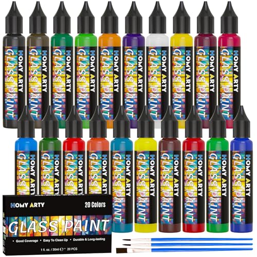 HOMY ARTY Glass Paint 20 Colors (1 fl oz Each) with 3 Brushes, Permanent No-Bake Acrylic Enamel Paint, Waterproof Stained Glass Paints, for Glass Painting, Ceramics, Light Bulbs and Windows - Image 1