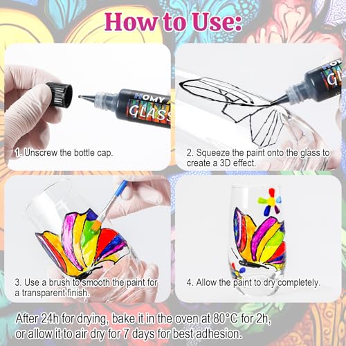 HOMY ARTY Glass Paint 20 Colors (1 fl oz Each) with 3 Brushes, Permanent No-Bake Acrylic Enamel Paint, Waterproof Stained Glass Paints, for Glass Painting, Ceramics, Light Bulbs and Windows - Image 4