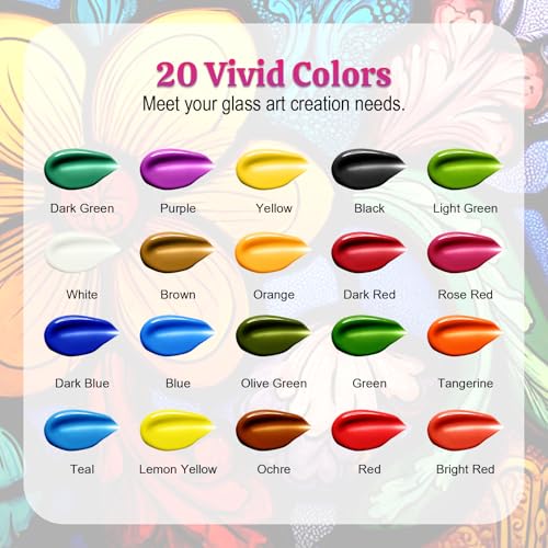 HOMY ARTY Glass Paint 20 Colors (1 fl oz Each) with 3 Brushes, Permanent No-Bake Acrylic Enamel Paint, Waterproof Stained Glass Paints, for Glass Painting, Ceramics, Light Bulbs and Windows - Image 2