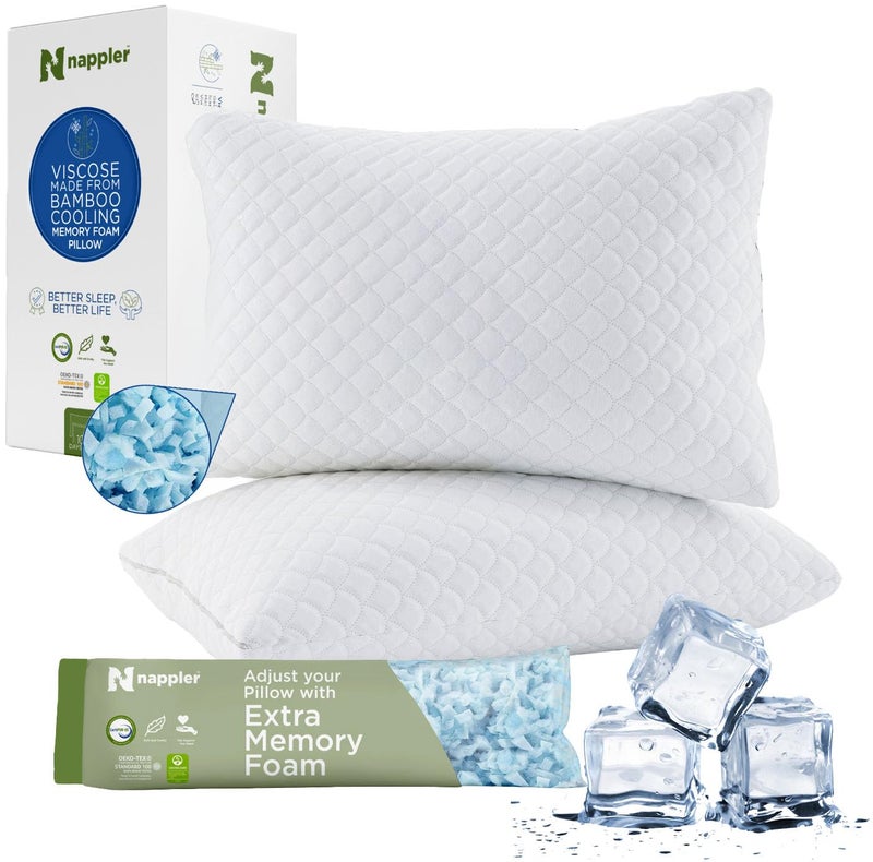 Nappler Cooling Pillow for hot Sleepers Bed Pillows Standard Size Premium Set of 2  Adjustable Shredded Memory Foam  Medium to Firm Pillows for Back Stomach  Side Sleepers  Washable Cover