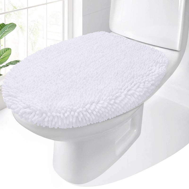 OLANLY Soft Chenille Bathroom Toilet Lid Cover Machine Washable Seat Covers 175x15 Stays in Place Rubber Backing Fits Most Round Elongated and Oblong Lids Accessories Decor White