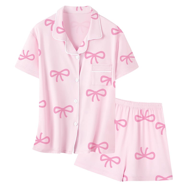 Umeyda Girls Lyocell Button Down Pajamas Set, Nightwear Sleepwear for Kid 2 Pcs Loungewear, Pink Bow, 5-6Y = 130 - Image 1