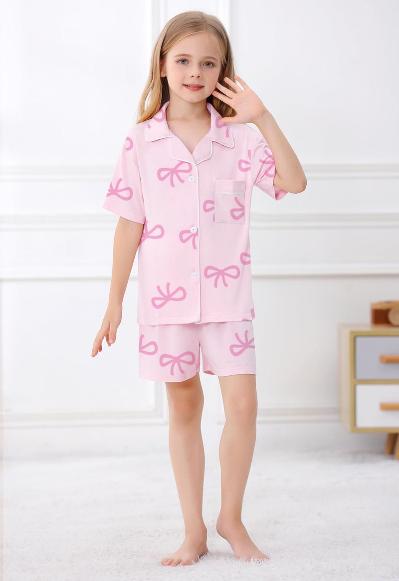 Umeyda Girls Lyocell Button Down Pajamas Set, Nightwear Sleepwear for Kid 2 Pcs Loungewear, Pink Bow, 5-6Y = 130 - Image 3