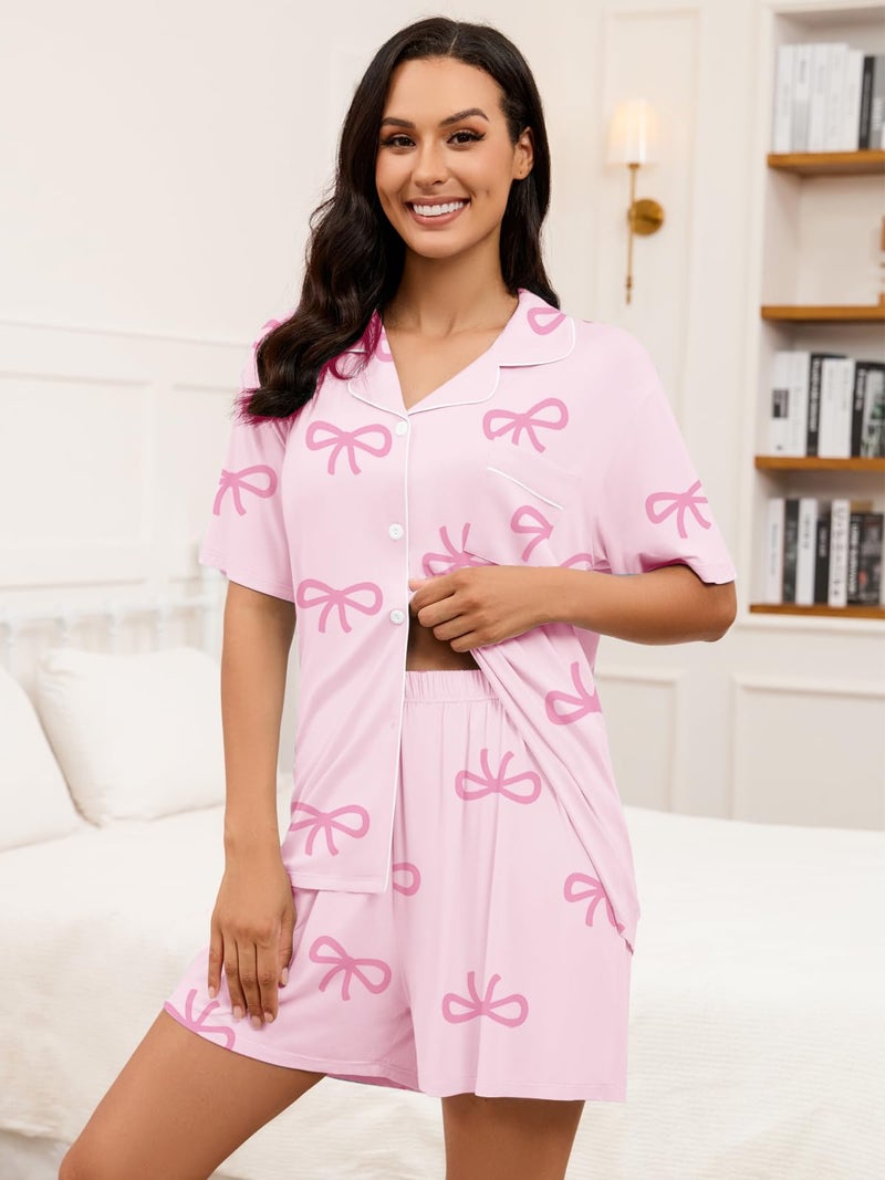Umeyda Girls Lyocell Button Down Pajamas Set, Nightwear Sleepwear for Kid 2 Pcs Loungewear, Pink Bow, 5-6Y = 130 - Image 4