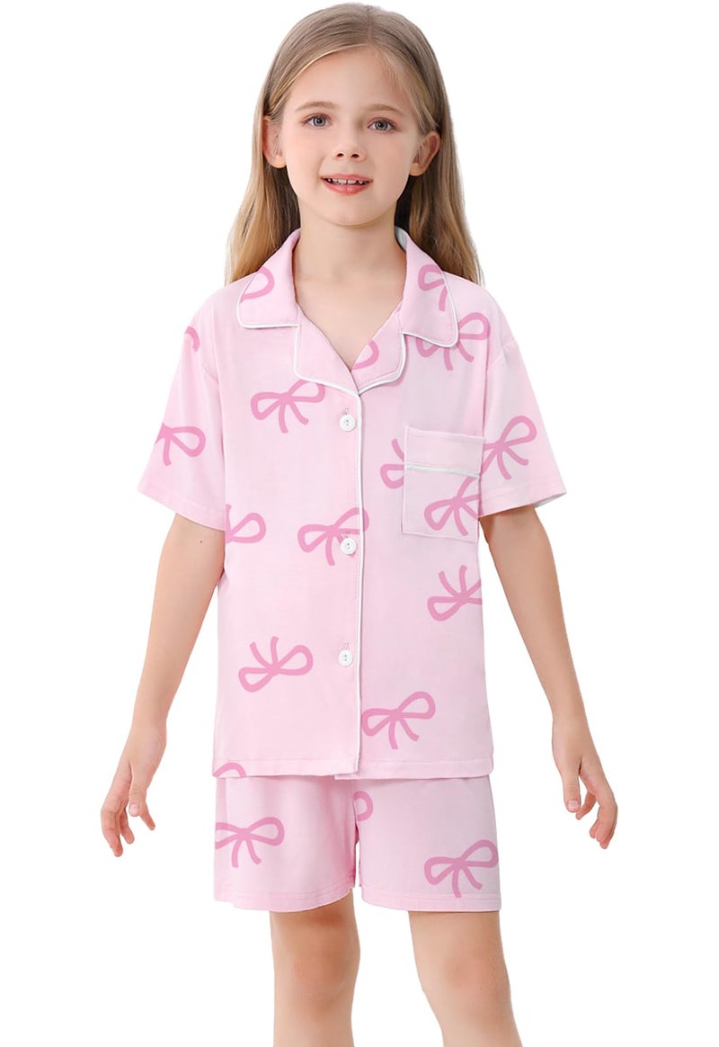 Umeyda Girls Lyocell Button Down Pajamas Set, Nightwear Sleepwear for Kid 2 Pcs Loungewear, Pink Bow, 5-6Y = 130 - Image 2