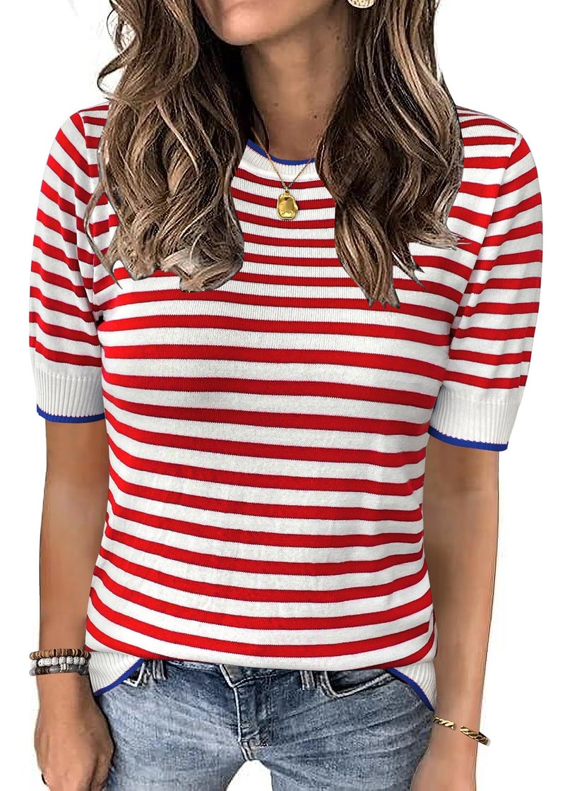 Lafural 3/4 Length Sleeve Womens Tops Summer Short Sleeve Shirts Striped Sweater Cute Casual Top Trendy Women Clothing Crewneck Knit Blouses Red S - Image 1