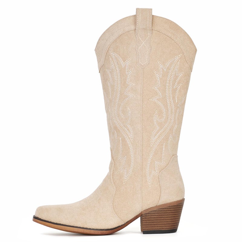 IUV Suede Cowboy Boots for Women Western Mid Calf Cowgirl Boots with Embroidered, Retro Snip Toe Fashion Boot With Chunky Block Heel Summer Fall Country Music Festival Cowboy Chic - Image 5
