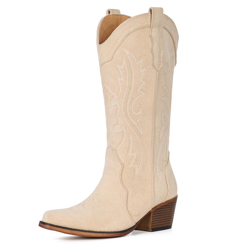 IUV Suede Cowboy Boots for Women Western Mid Calf Cowgirl Boots with Embroidered, Retro Snip Toe Fashion Boot With Chunky Block Heel Summer Fall Country Music Festival Cowboy Chic - Image 4