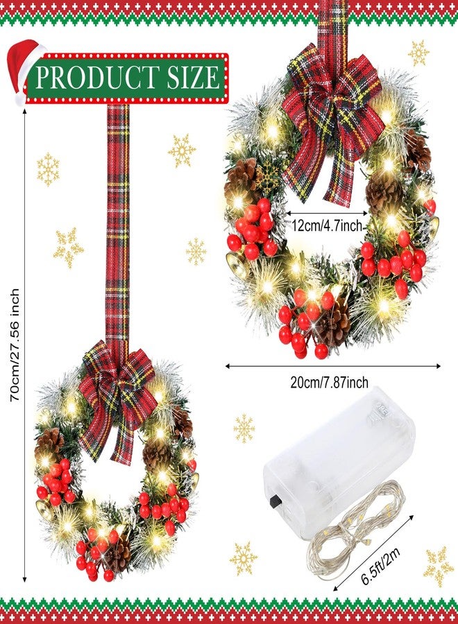 Yuxung 6 Pcs Mini Christmas Cabinet Wreath with Lights Prelit 8" Artificial Small Pinecone Front Door Wreath with Bow Xmas Hanging Garland for Kitchen Window Stairs Railing (Red Black Checkered) - Image 2