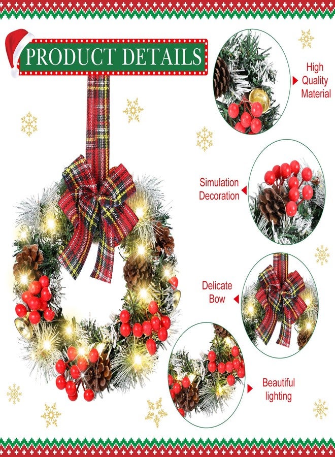 Yuxung 6 Pcs Mini Christmas Cabinet Wreath with Lights Prelit 8" Artificial Small Pinecone Front Door Wreath with Bow Xmas Hanging Garland for Kitchen Window Stairs Railing (Red Black Checkered) - Image 3
