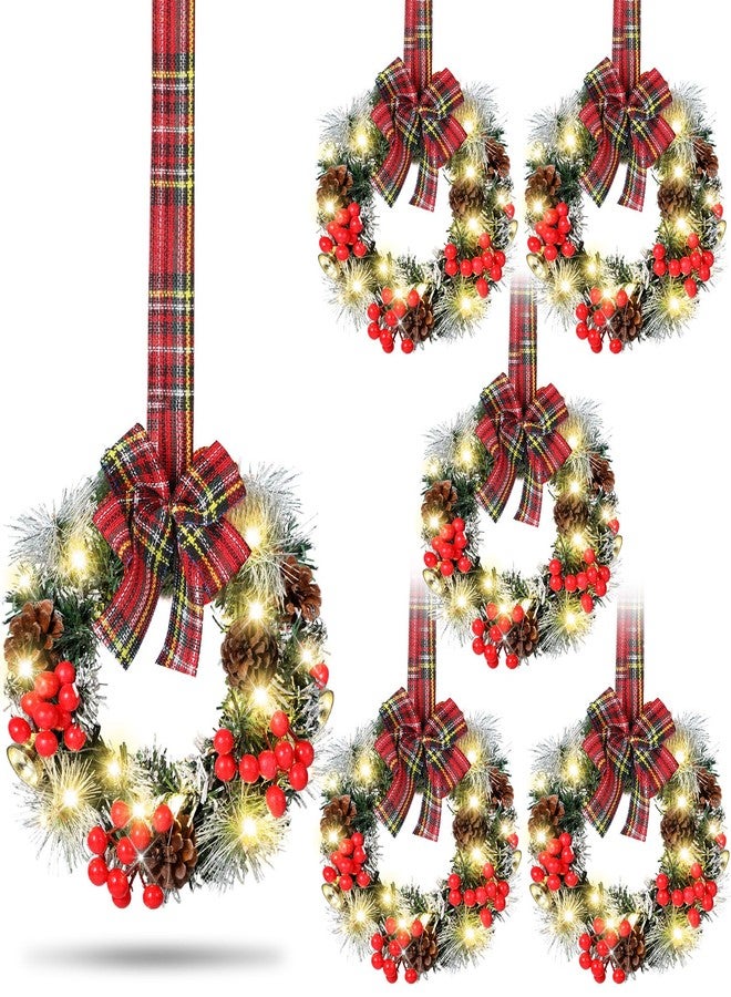 Yuxung 6 Pcs Mini Christmas Cabinet Wreath with Lights Prelit 8" Artificial Small Pinecone Front Door Wreath with Bow Xmas Hanging Garland for Kitchen Window Stairs Railing (Red Black Checkered) - Image 1