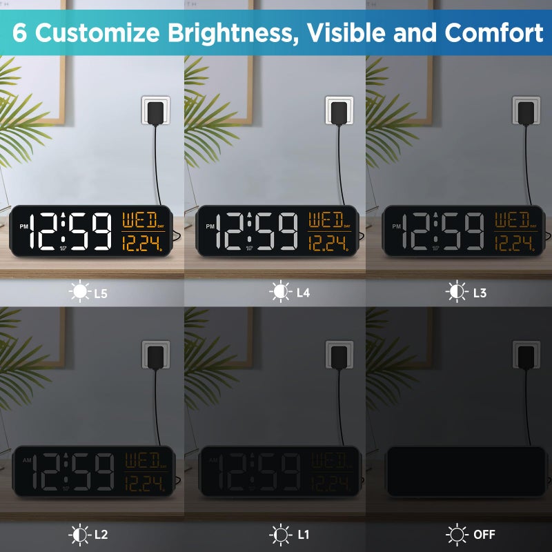 Peakeep Large Display Digital Alarm Clock for Bedrooms, Date Day of Week Desk Table Clocks for Living Room Office, Dimmable 5 Dimmers Plug in Electric Clock, Auto DST - Image 3
