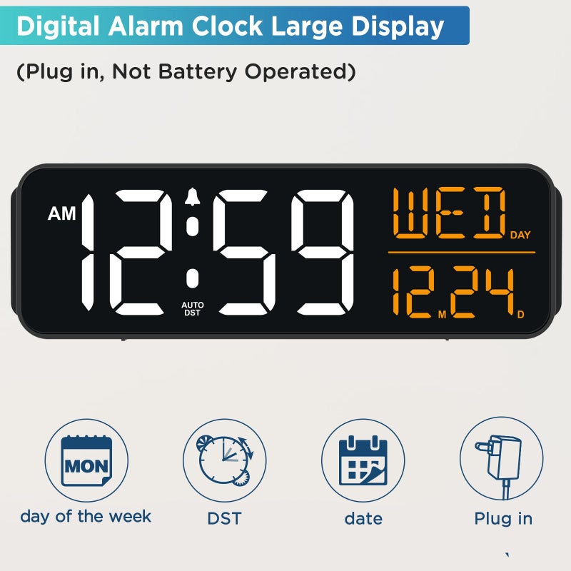 Peakeep Large Display Digital Alarm Clock for Bedrooms, Date Day of Week Desk Table Clocks for Living Room Office, Dimmable 5 Dimmers Plug in Electric Clock, Auto DST - Image 2