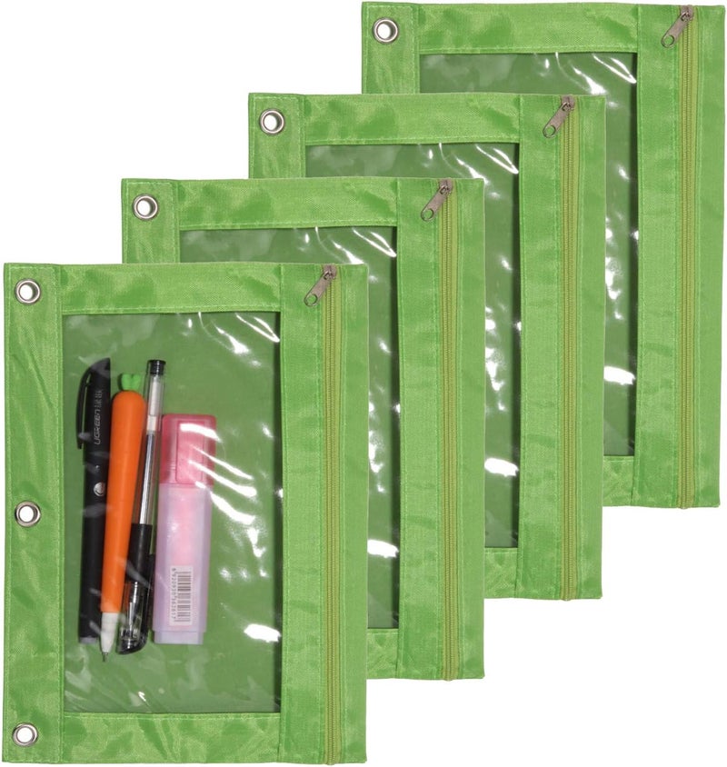 Binder Fabric Pencil Pouch 3-Ring Binder Pencil Case Bag with Zipper 4 Pack (Green)