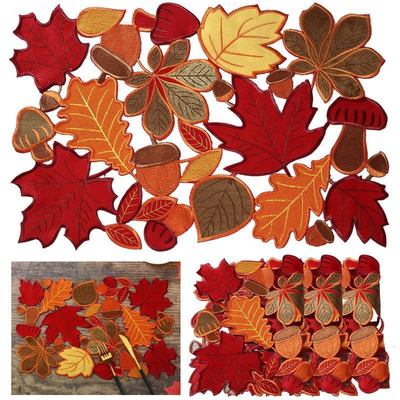 Tudomro 6 Pcs Fall Embroidered Maple Leaves Placemats  Thanksgiving Table Decorations Maple Style 11 x 17 Inch 