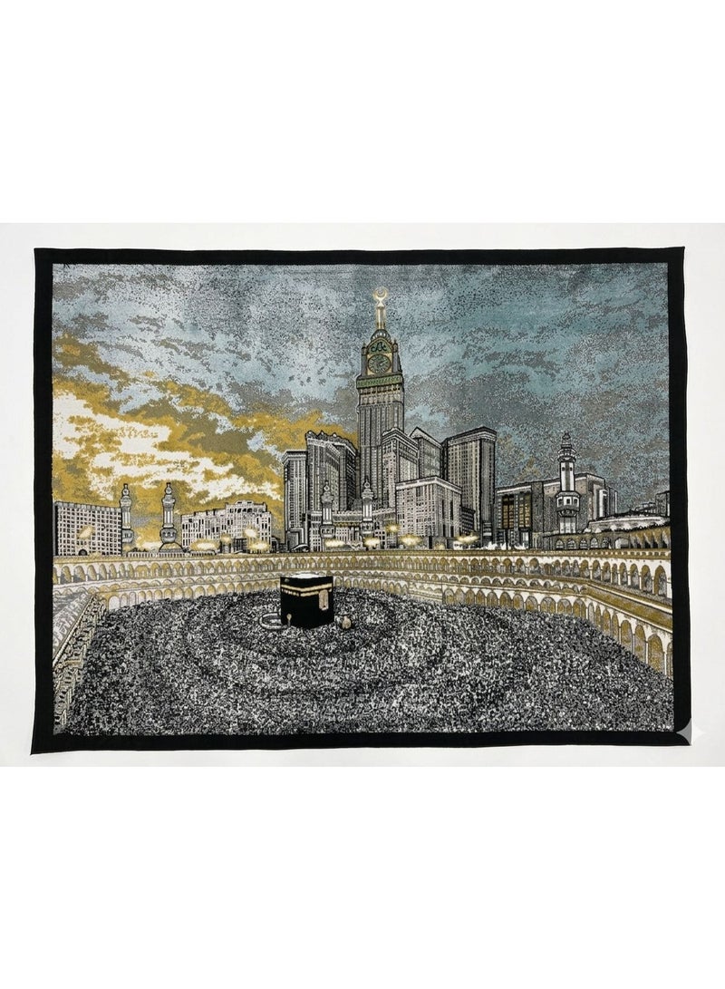 Wall hanging carpet featuring a design of Al-Masjid Al-Haram in Makkah, made from premium Turkish rug material, size 130×100 cm, with detailed Islamic architectural elements and calm colors using 3D effect. It can be displayed in a frame or hung with a wooden hanger. - Image 1