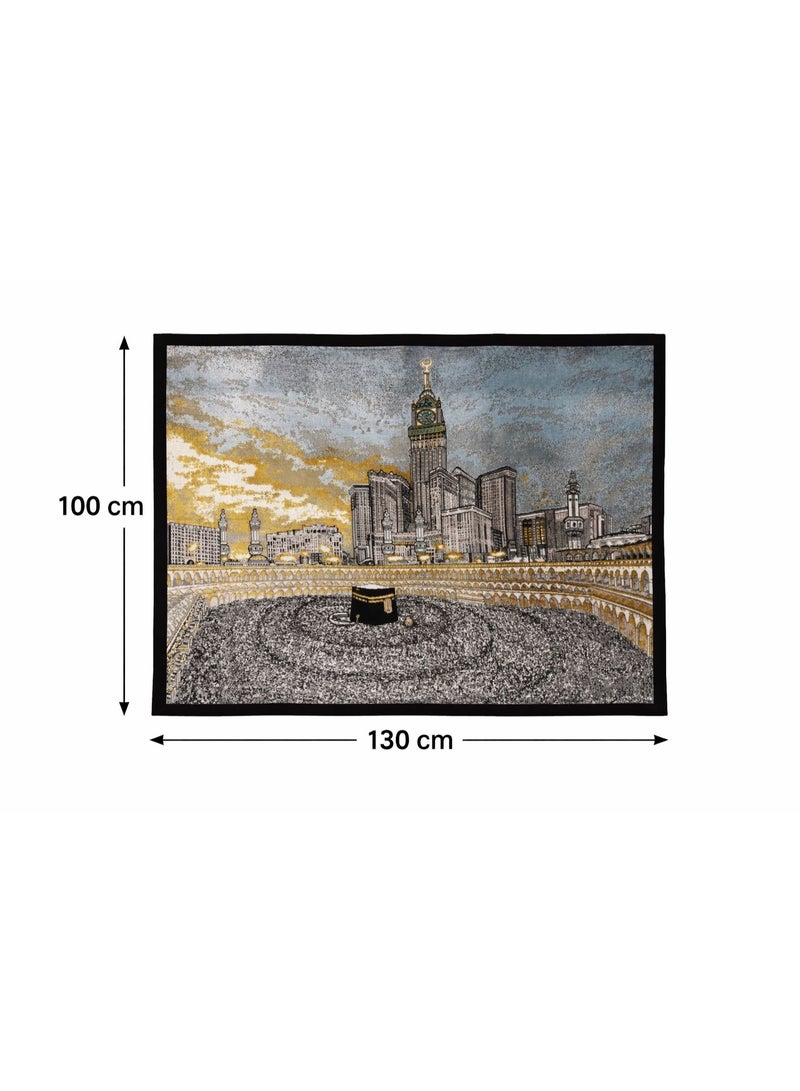 Wall hanging carpet featuring a design of Al-Masjid Al-Haram in Makkah, made from premium Turkish rug material, size 130×100 cm, with detailed Islamic architectural elements and calm colors using 3D effect. It can be displayed in a frame or hung with a wooden hanger. - Image 2
