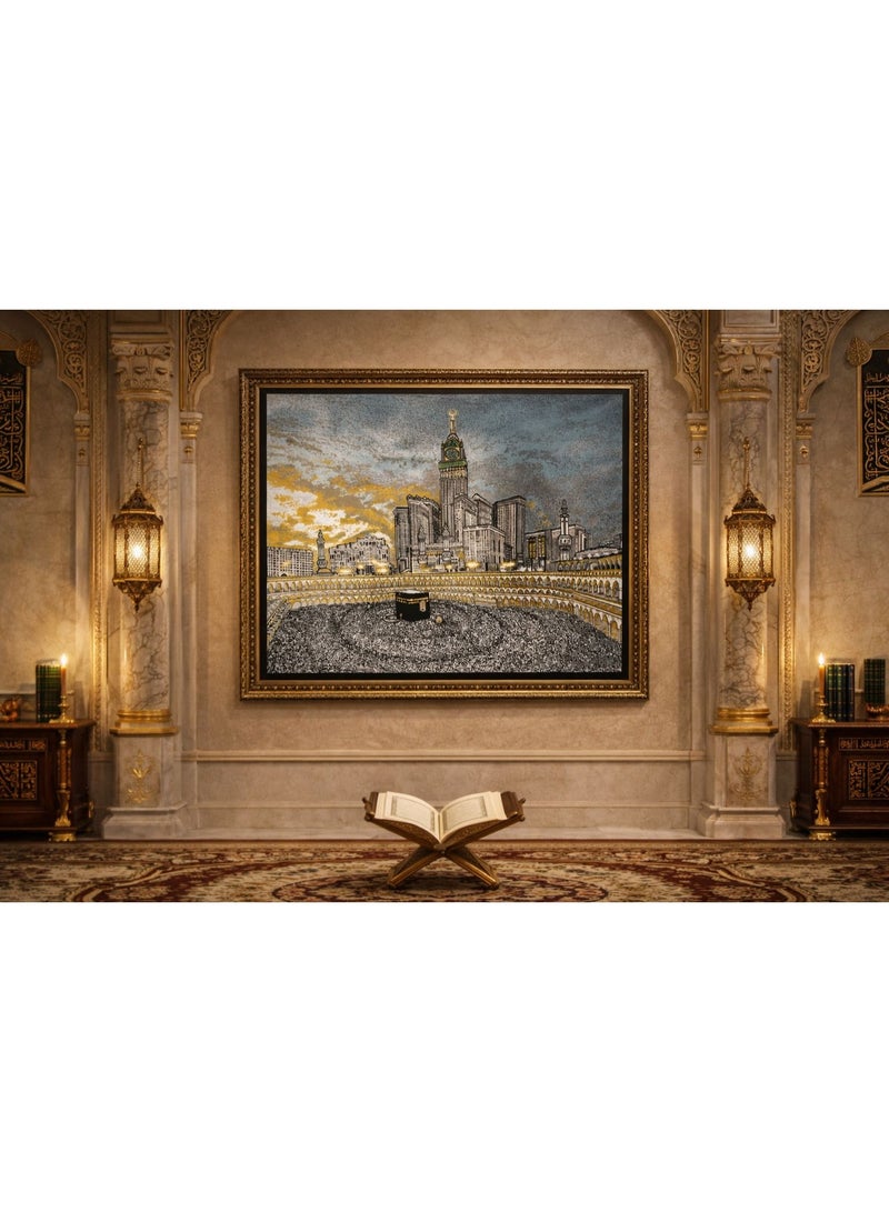 Wall hanging carpet featuring a design of Al-Masjid Al-Haram in Makkah, made from premium Turkish rug material, size 130×100 cm, with detailed Islamic architectural elements and calm colors using 3D effect. It can be displayed in a frame or hung with a wooden hanger. - Image 3