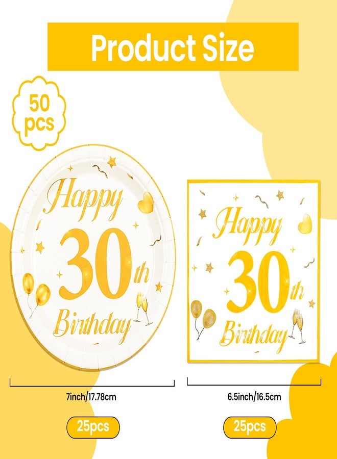 EVYIENEN 50PCS 30th Happy Birthday Plates and Napkins,7 Inch Premium Wihte and Gold Birthday Dessert Cake Plates Party and Cocktail Napkin for Men and Women Table Anniversary Decoration - Image 2