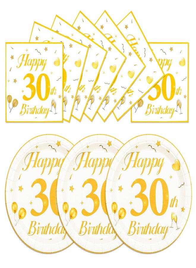 EVYIENEN 50PCS 30th Happy Birthday Plates and Napkins,7 Inch Premium Wihte and Gold Birthday Dessert Cake Plates Party and Cocktail Napkin for Men and Women Table Anniversary Decoration - Image 1
