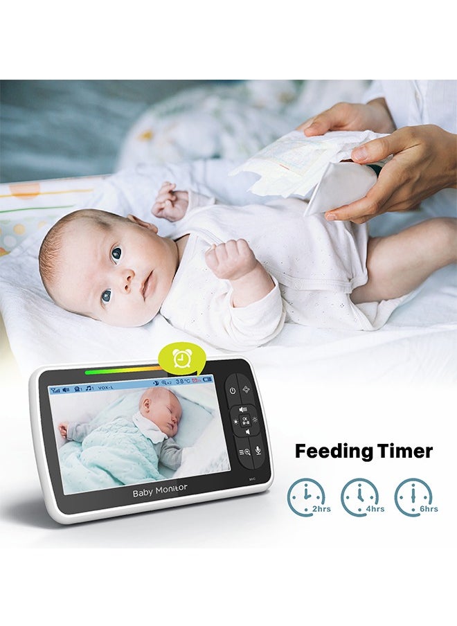 Baby Monitor - Baby Monitor with Camera and Audio, 5''Display with 3000mah Battery, Pan-Tilt-Zoom Video, Night Vision, 2-Way Talk, Temperature, Lullabies Playing and 960ft Range, Ideal for Gift - Image 1