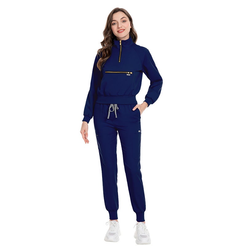 Long Sleeve Scrub Set Elastic Hospital Uniforms 42035 Navy  - Image 5