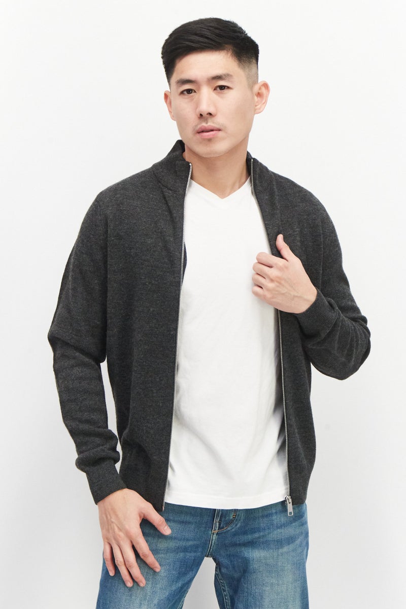 Celio Men High Neck Long Sleeve Knitted Cardigans, Dark Grey  - Image 1