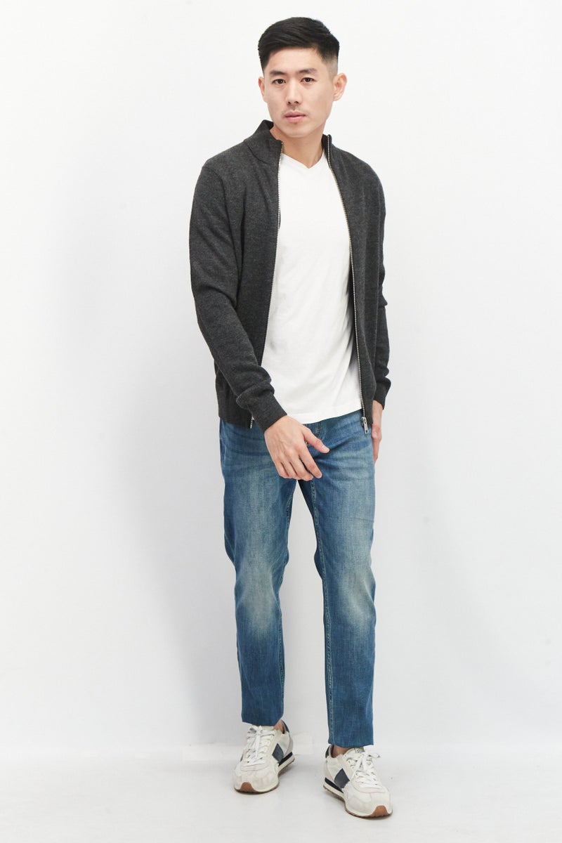 Celio Men High Neck Long Sleeve Knitted Cardigans, Dark Grey  - Image 3
