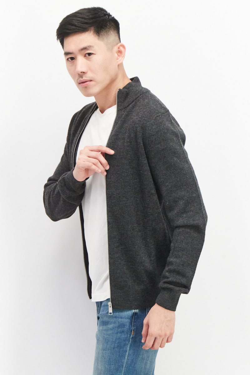Celio Men High Neck Long Sleeve Knitted Cardigans, Dark Grey  - Image 2