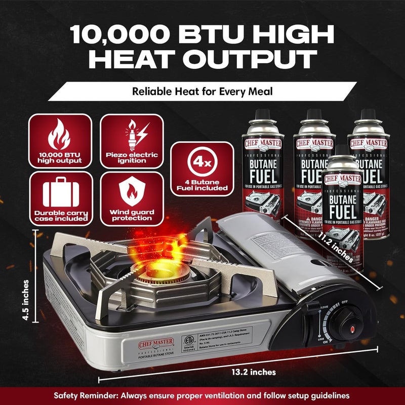 Chefmaster Chef-Master 90011 Butane Countertop Stove, 10 000 BTU Portable with Carry Case, High Performance, Piezo Ignition, Brass Burner, Safety Stop - Image 2