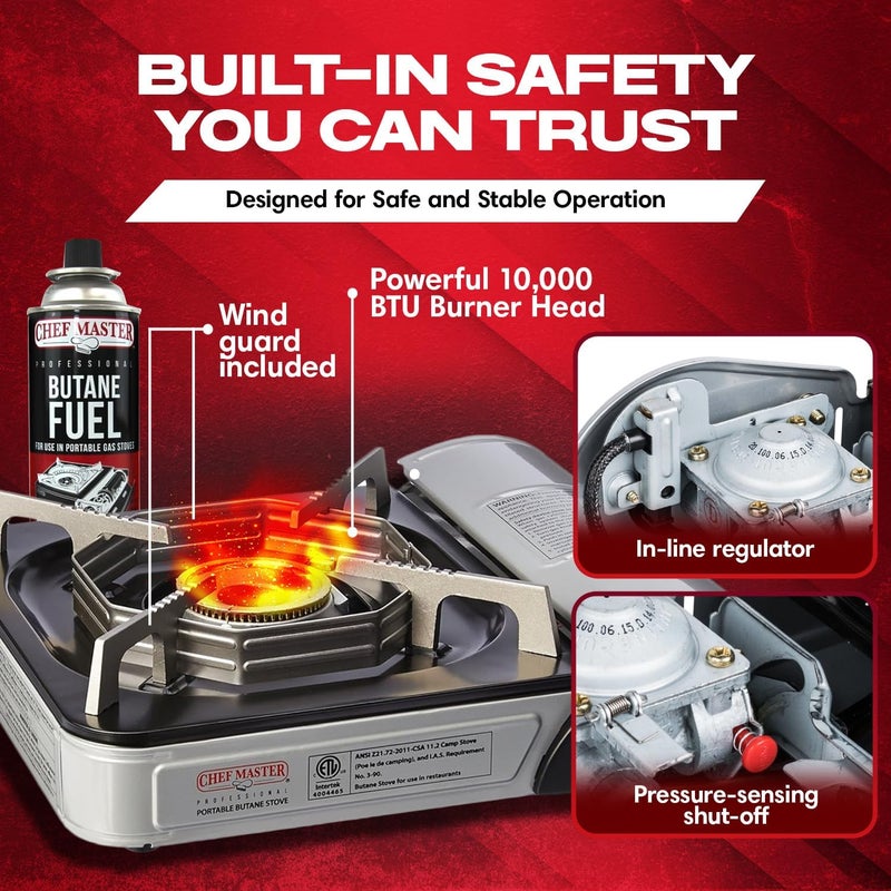 Chefmaster Chef-Master 90011 Butane Countertop Stove, 10 000 BTU Portable with Carry Case, High Performance, Piezo Ignition, Brass Burner, Safety Stop - Image 3