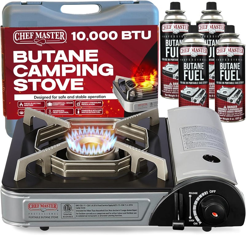 Chefmaster Chef-Master 90011 Butane Countertop Stove, 10 000 BTU Portable with Carry Case, High Performance, Piezo Ignition, Brass Burner, Safety Stop - Image 1
