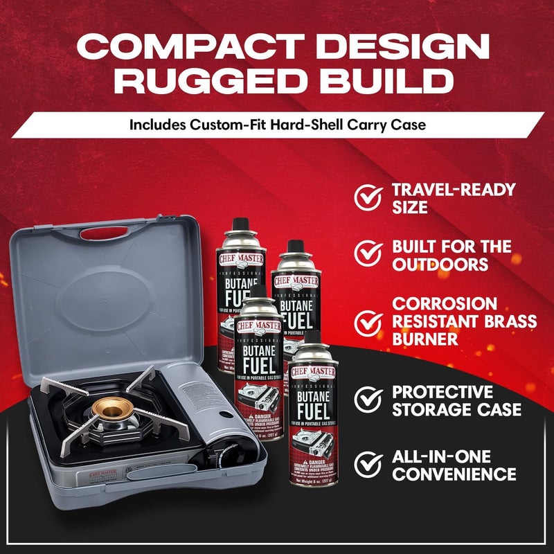 Chefmaster Chef-Master 90011 Butane Countertop Stove, 10 000 BTU Portable with Carry Case, High Performance, Piezo Ignition, Brass Burner, Safety Stop - Image 4