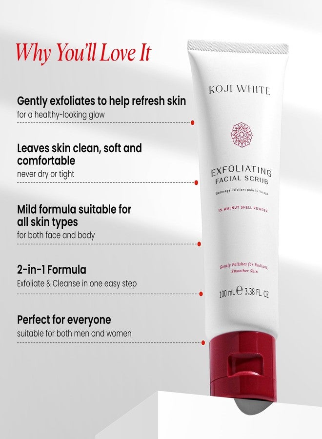 Koji White Exfoliating Facial Scrub, Gentle Face Wash with 1% Walnut Shell Powder, AHA, Kojic Acid Dipalmitate & Hyaluronic Acid | Hydrating, Unscented, Vegan, 100 ml (3.38 fl oz) - Image 4