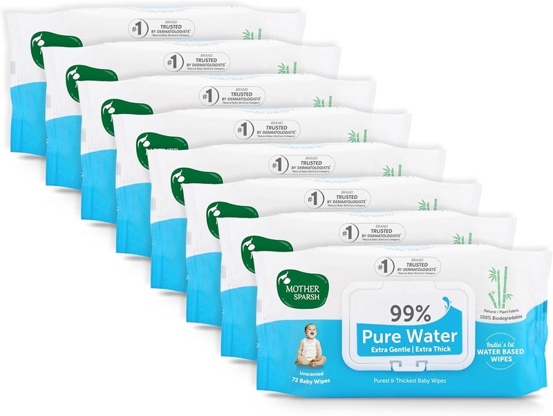 Mother Sparsh 99% Pure Water Unscented Baby Wipes - 72 pcs/Pack, Pack of 8 - Image 1
