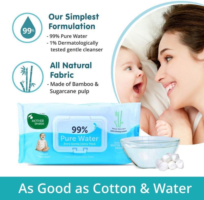 Mother Sparsh 99% Pure Water Unscented Baby Wipes - 72 pcs/Pack, Pack of 8 - Image 3