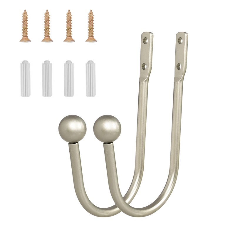 HEMOUR Curtain Holdback, 2 Pcs Wall Mounted Drapery Tiebacks with Screws, Heavy Duty Metal Decorative Window Drapery Holder Curtain Hook, Silver - Image 2