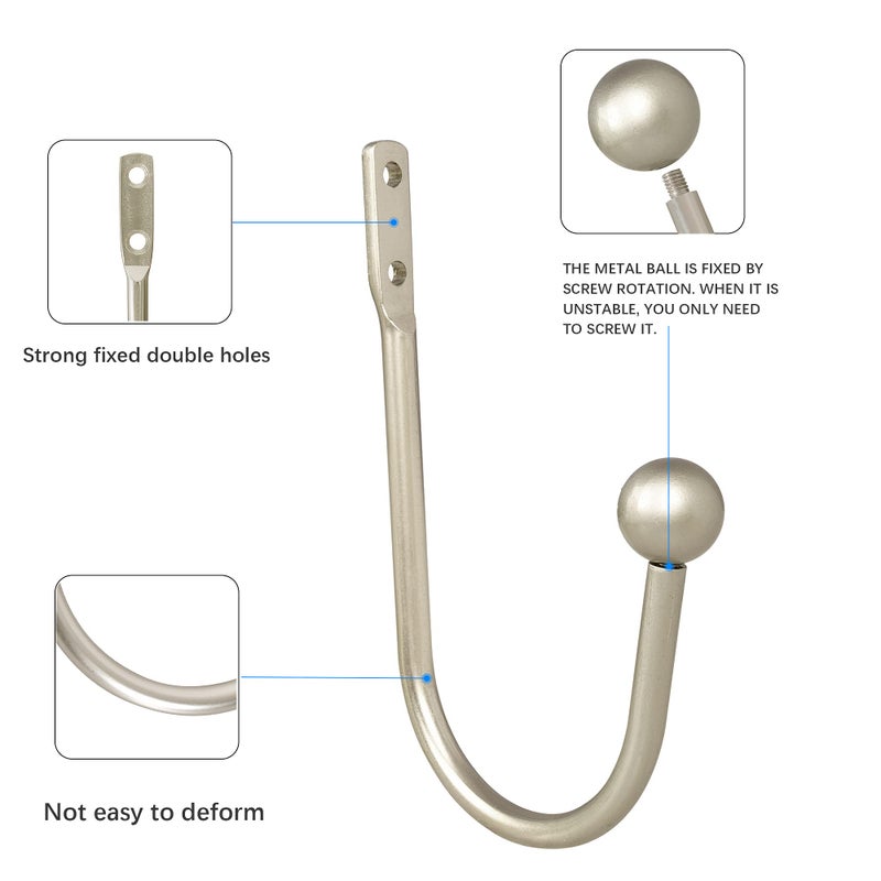 HEMOUR Curtain Holdback, 2 Pcs Wall Mounted Drapery Tiebacks with Screws, Heavy Duty Metal Decorative Window Drapery Holder Curtain Hook, Silver - Image 4