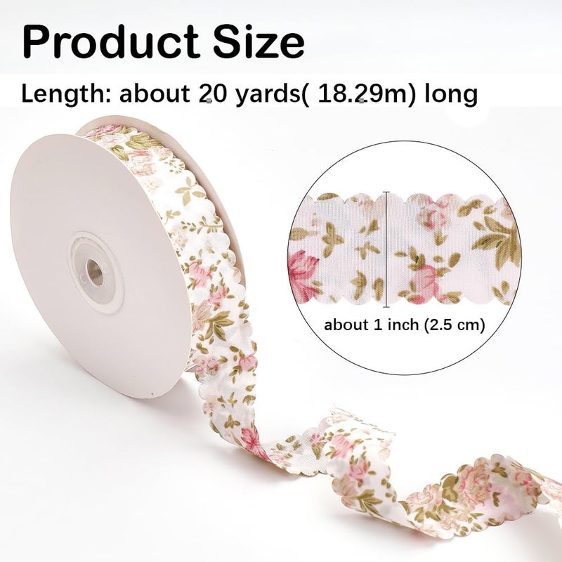 CABODYALS 20 Yards Flower Print Ribbon White Spring Summer Floral Pattern Polyester Ribbon Vintage Wavy Edge Ribbons Bulk with Spool for Sewing Making Craft Bouquet Home Decor Wedding DIY Christmas - Image 2