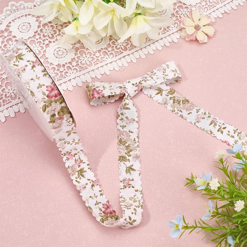 CABODYALS 20 Yards Flower Print Ribbon White Spring Summer Floral Pattern Polyester Ribbon Vintage Wavy Edge Ribbons Bulk with Spool for Sewing Making Craft Bouquet Home Decor Wedding DIY Christmas - Image 3