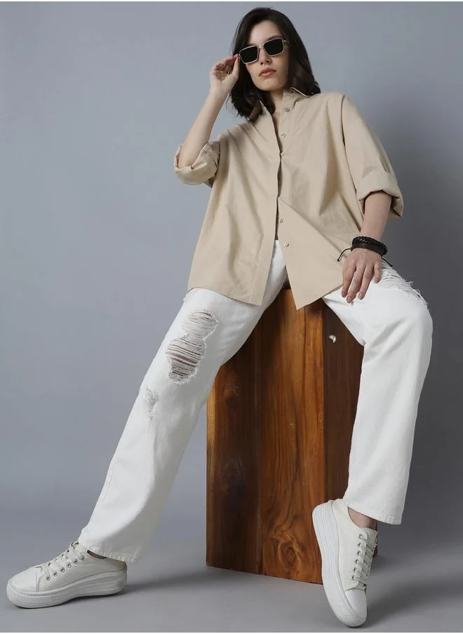 HIGH STAR Stay effortlessly stylish with this comfortable Beige Oversized Shirts Solid design crafted from 100% Cotton featuring Long Sleeves with Button closure.