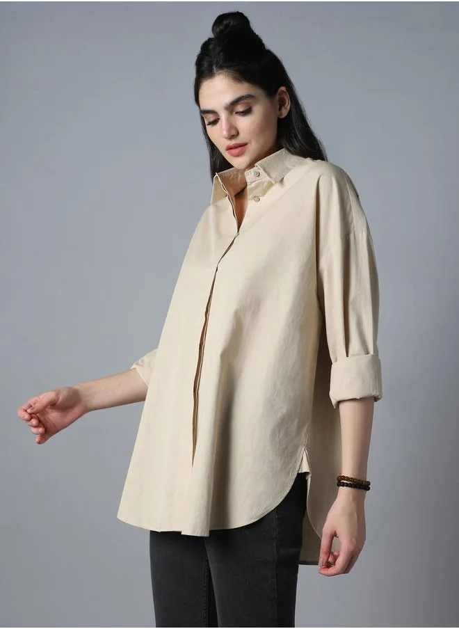 HIGH STAR Stay effortlessly stylish with this comfortable Beige Oversized Shirts Solid design crafted from 100% Cotton featuring Long Sleeves with Button closure.