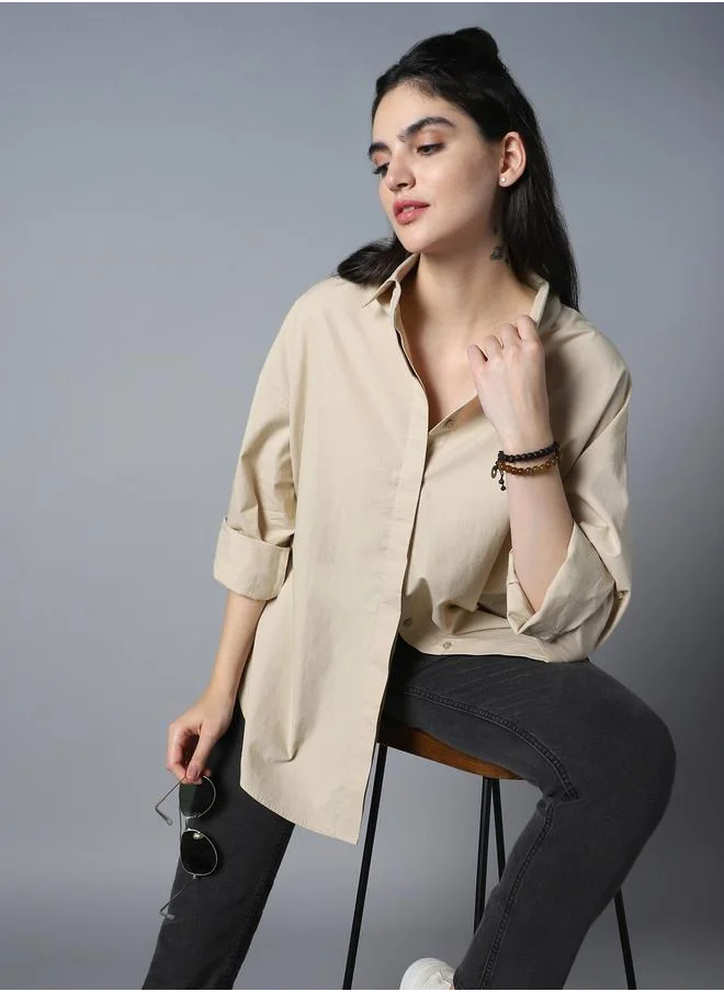 HIGH STAR Stay effortlessly stylish with this comfortable Beige Oversized Shirts Solid design crafted from 100% Cotton featuring Long Sleeves with Button closure.