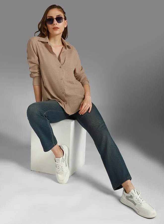 HIGH STAR Taupe Women's Taupe 100% Cotton Solid Pattern Button Down Shirt for Women | Best Price UAE